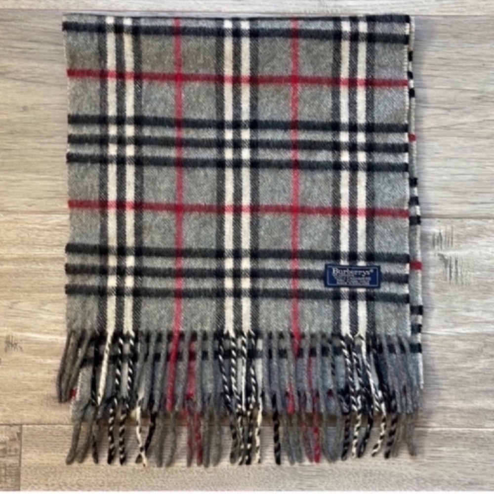 Vintage Burberry Gray and Red Plaid Scarf